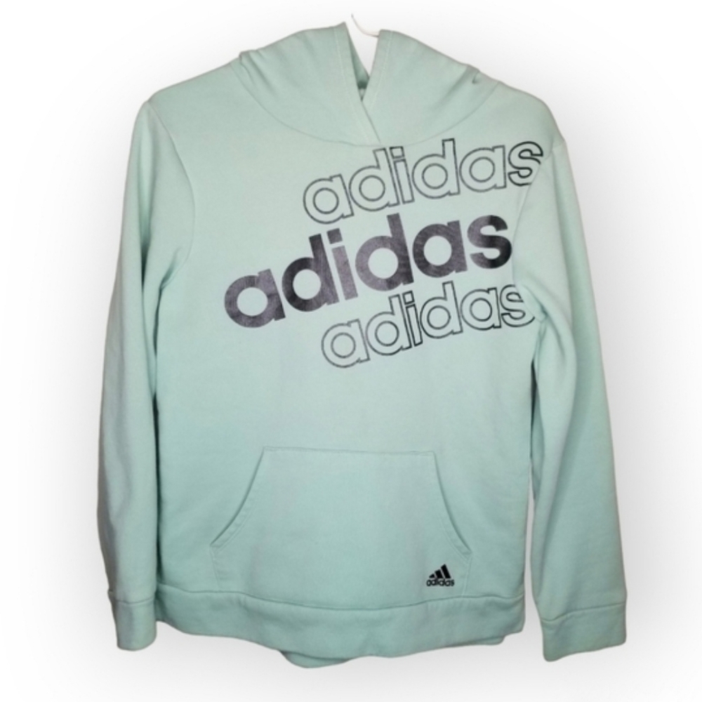 Adidas hoodie Sweatshirt mint blue green spell out logo girl's large 14 Athletic